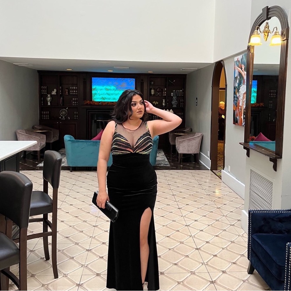 Black suede dress and sequence at the top!